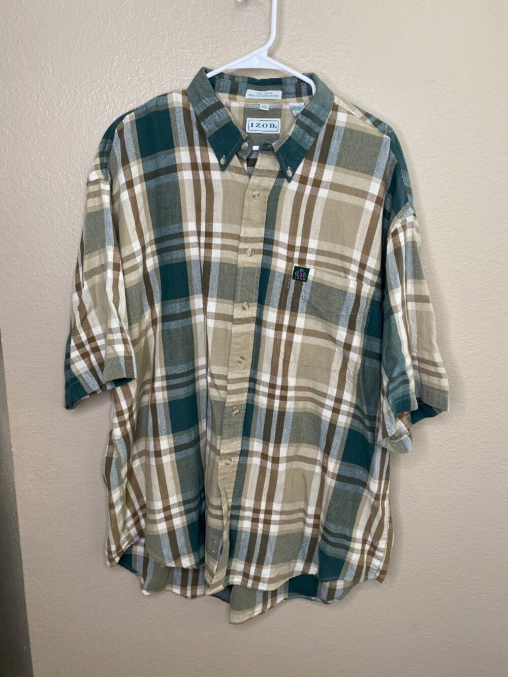 Vintage Izod XL Mens Beige Teal Plaid Short-Sleeve Button-Down Shirt XL Cotton
